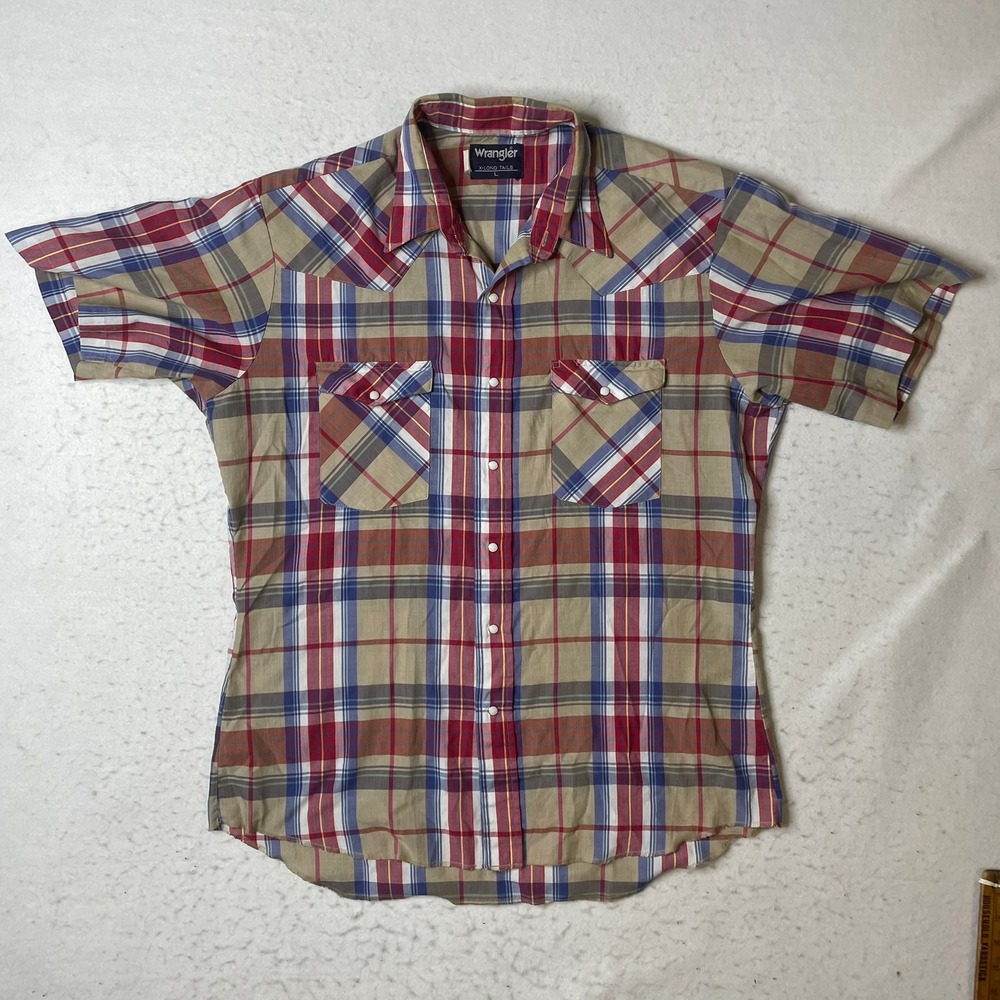 Wrangler Western Shirt Mens Large Red Plaid Short Sleeve Pearl Snap X-Long Tails